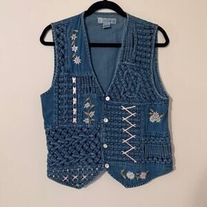 Vintage 100% Cotton Denim Vest Mother of Pearl Prairie Cottagecore Floral Sz Med